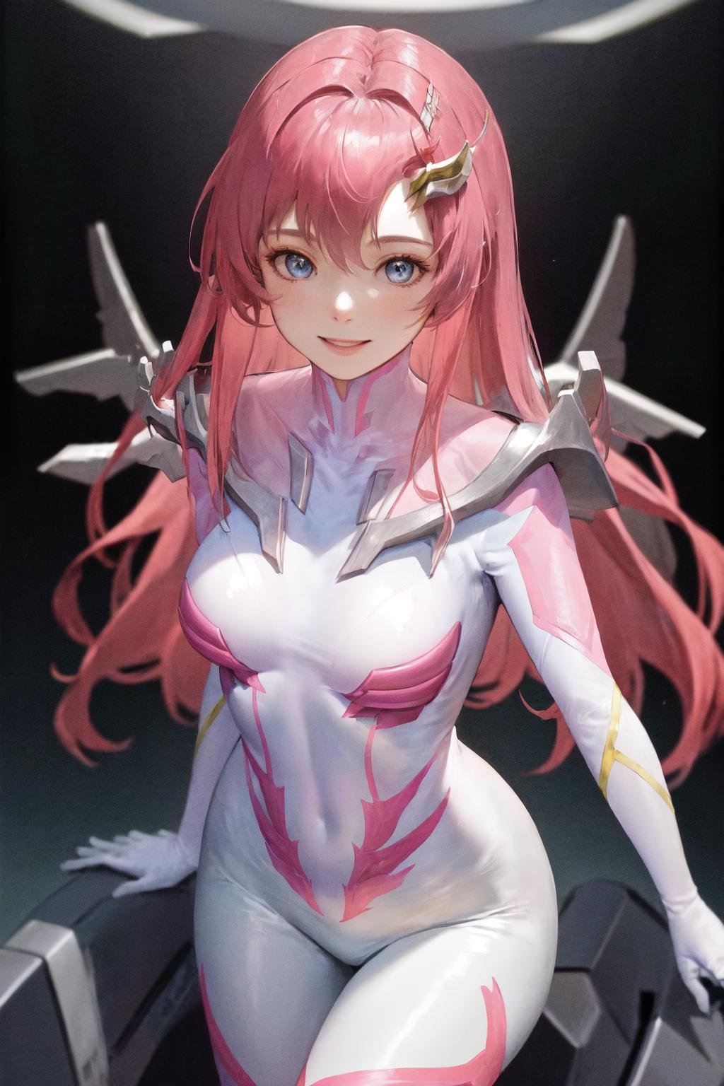 masterpiece, best quality, highres, 1girl hair ornament, pilot suit white gloves <lora:lacus_clyne_pilot_suit:1> smile