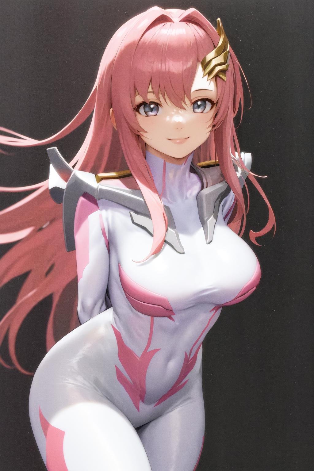 masterpiece, best quality, highres, 1girl hair ornament, pilot suit white gloves <lora:lacus_clyne_pilot_suit:1> leaning forward, smile, arms behind back