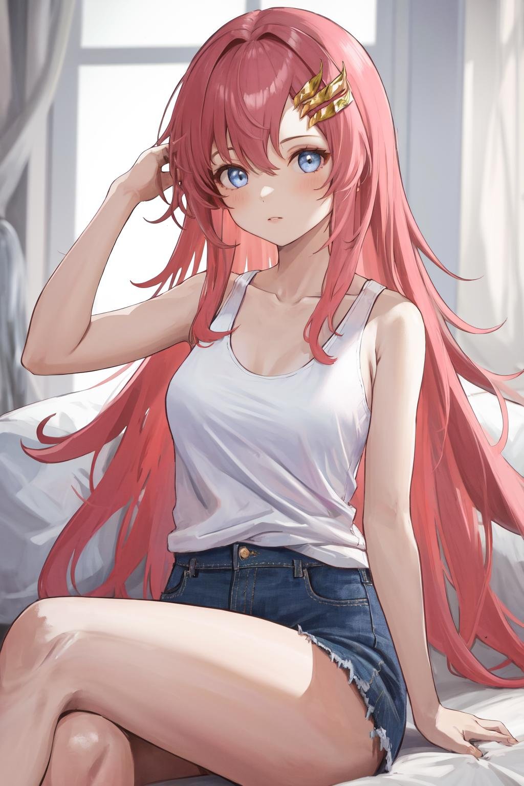 masterpiece, best quality, highres, 1girl hair ornament <lora:lacus_clyne_pilot_suit:1> white tank top