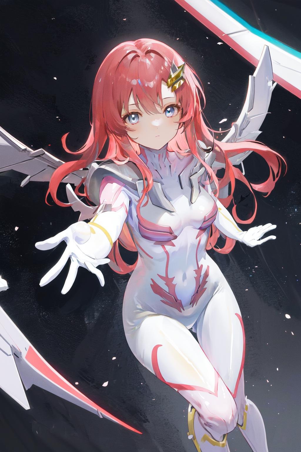 masterpiece, best quality, highres, 1girl hair ornament, pilot suit white gloves <lora:lacus_clyne_pilot_suit:1> outstretched arms, reaching out