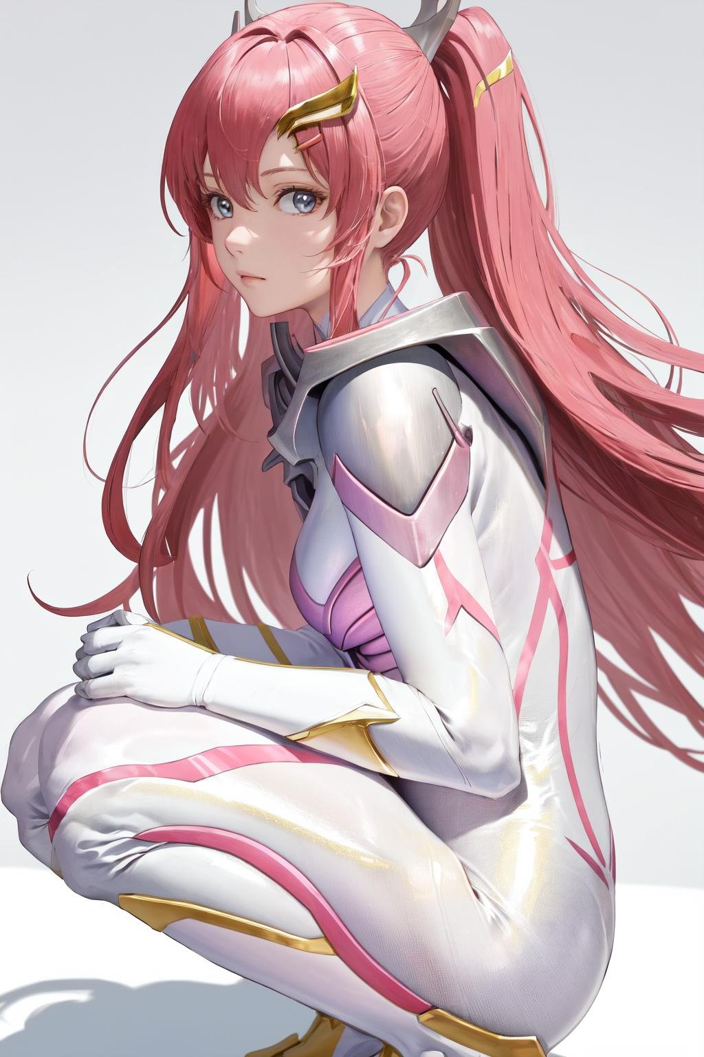 masterpiece, best quality, highres, 1girl hair ornament, pilot suit white gloves <lora:lacus_clyne_pilot_suit:1> squatting, from side, looking at viewer