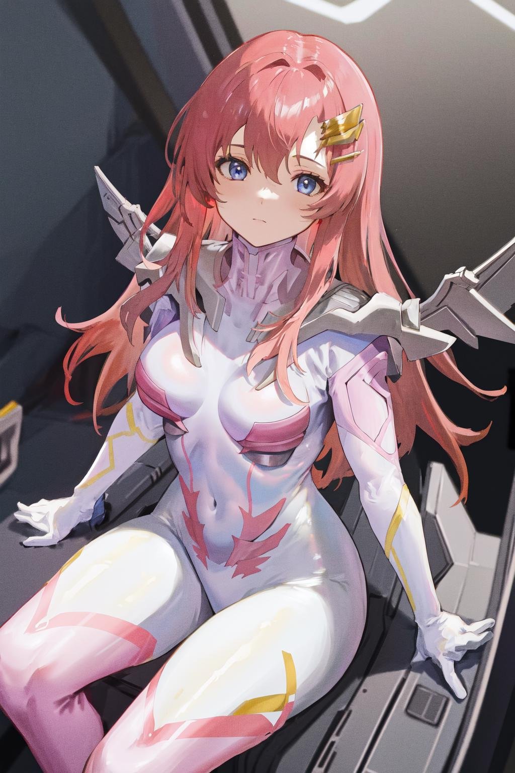 masterpiece, best quality, highres, 1girl hair ornament, pilot suit white gloves <lora:lacus_clyne_pilot_suit:1> sitting