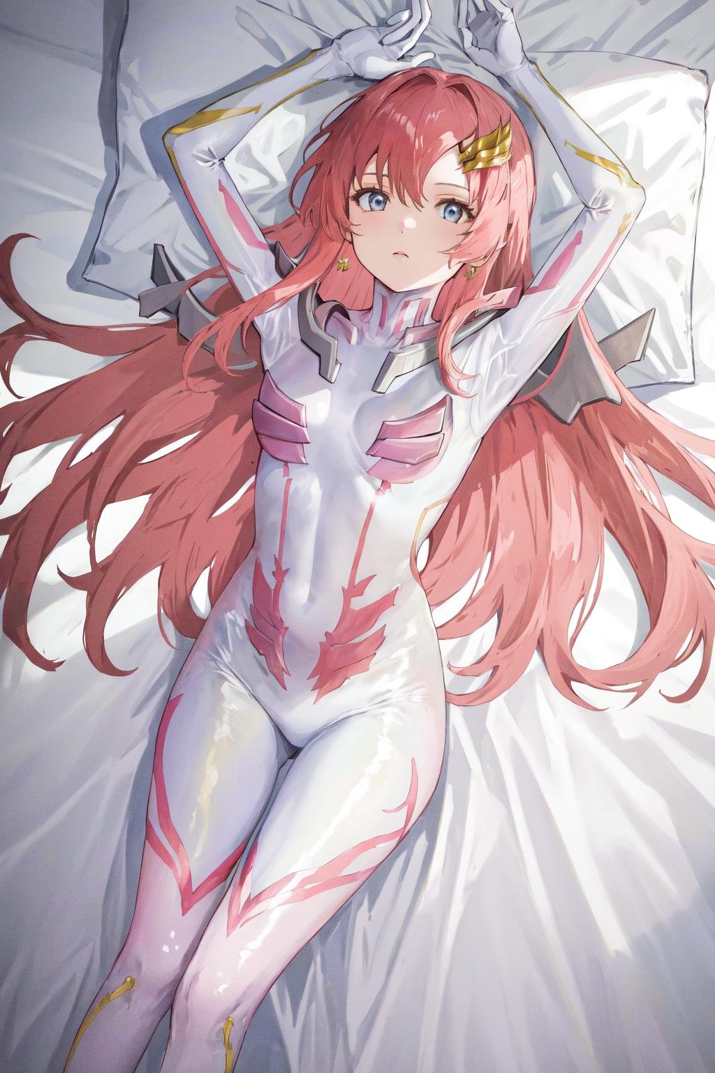 masterpiece, best quality, highres, 1girl hair ornament, pilot suit white gloves <lora:lacus_clyne_pilot_suit:1> lying on back, bed sheet, arms up