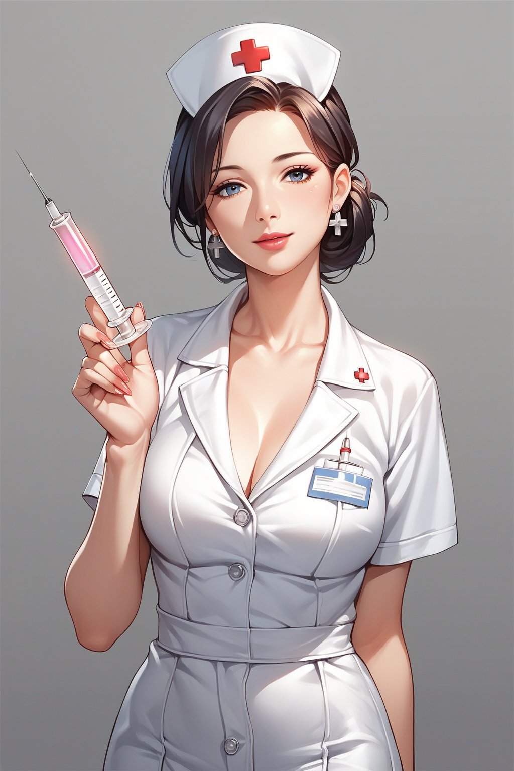 score_9, score_8_up, score_7_up, score_6_up, score_5_up, score_4_up, 
Source_Anime, 
1 girl, mature and beautiful girl, Japanese nurses, nurse suit, Slim figure, syringe, gray gradient background, no background,Nurse suit