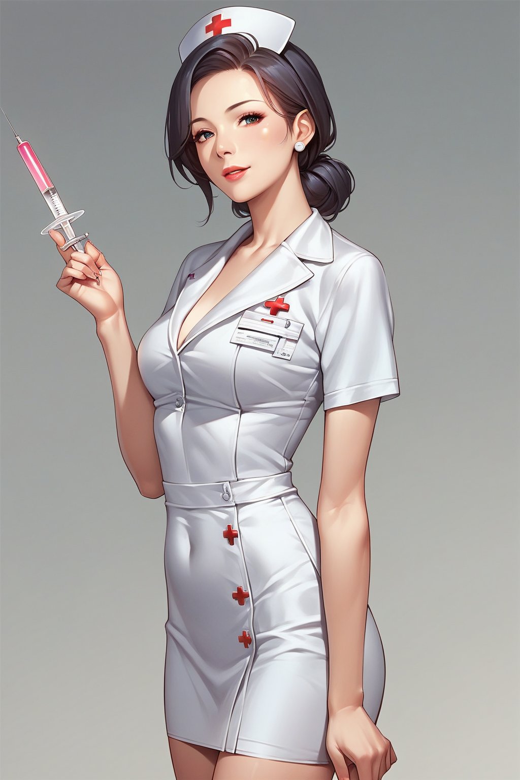 score_9, score_8_up, score_7_up, score_6_up, score_5_up, score_4_up, 
Source_Anime, 
1 girl, mature and beautiful girl, Japanese nurses, nurse suit, Slim figure, syringe, gray gradient background, no background,Nurse suit