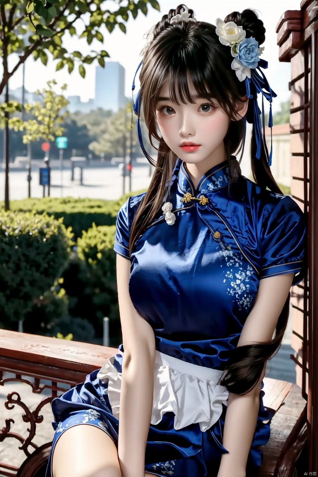  1girl, zhonghuaniang, blue, sitting, outdoors, city, park, upper body, 