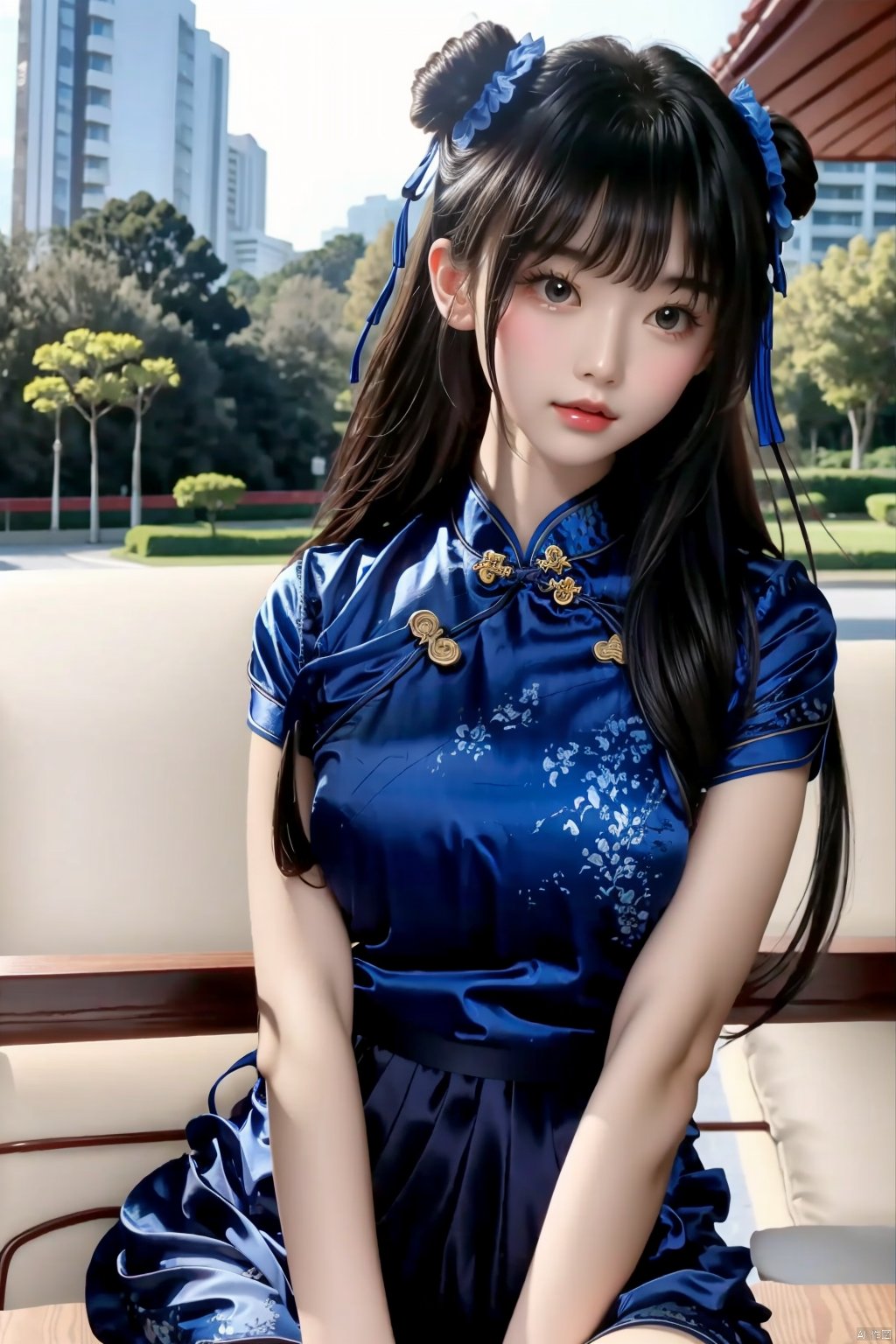  1girl, zhonghuaniang, blue, sitting, outdoors, city, park, upper body, 