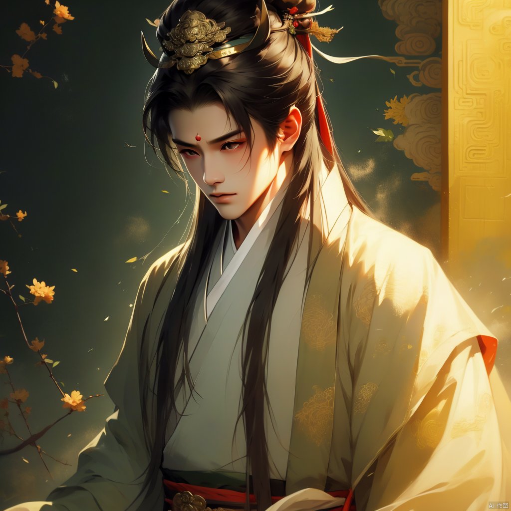 (masterpiece, top quality, best quality, official art, beautiful and aesthetic:1.4), A boy with ruthless eyes, cold, Chinese style, headwear, jewelry, martial arts, realistic and concrete painting, standing, with an ancient oriental architectural background