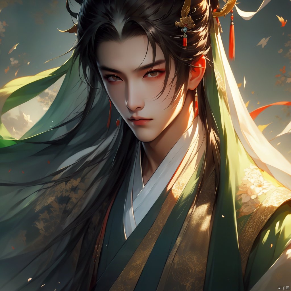 (masterpiece, top quality, best quality, official art, beautiful and aesthetic:1.4), 1 boy with ruthless eyes, cold, Chinese style, headwear, jewelry, martial arts, realistic and concrete painting, standing, with an ancient oriental architectural background