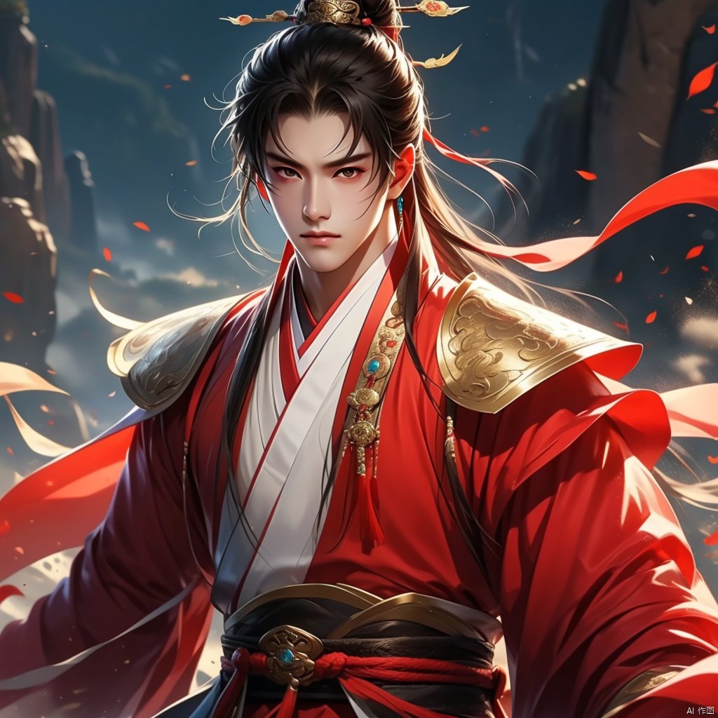 A boy with ruthless eyes, wearing Chinese clothes, headgear, jewelry, martial arts, armor, standing, with an ancient Eastern battlefield background, anime, and beauty,