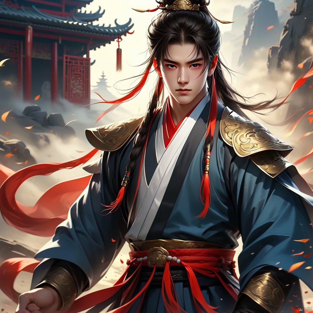 A boy with ruthless eyes, cold, Chinese style, headwear, jewelry, martial arts, realistic and concrete painting, standing, with an ancient Eastern architectural background and a comic style