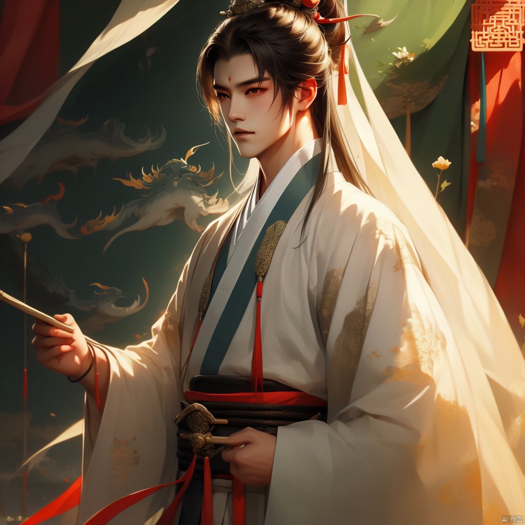 (masterpiece, top quality, best quality, official art, beautiful and aesthetic:1.4), 1 boy with ruthless eyes, cold, Chinese style, headwear, jewelry, martial arts, realistic and concrete painting, standing, with an ancient oriental architectural background