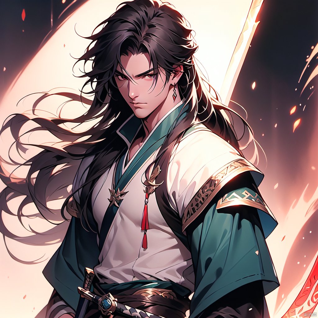 A highly skilled male assassin with long hair tied up, holding a soft sword, and painting in ink and wash