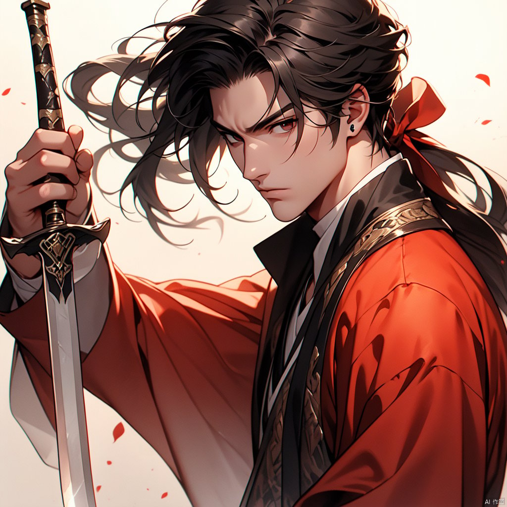 A highly skilled male assassin with long hair tied up, holding a soft sword, and painting in ink and wash