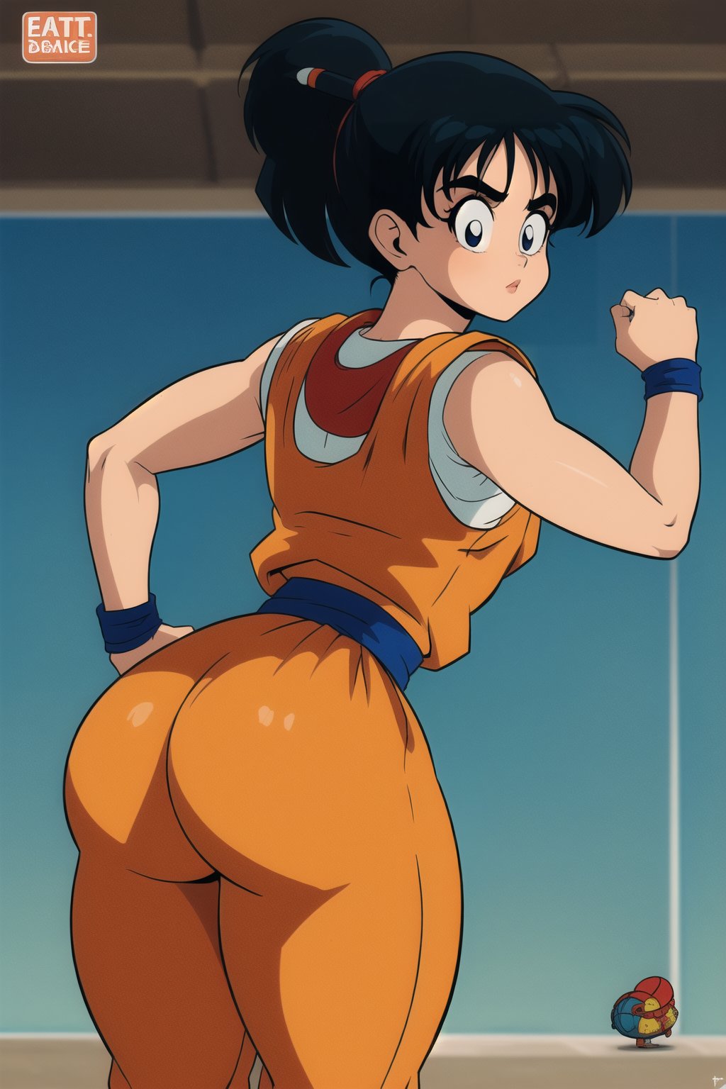 Solo_Female, ((Turtle Goku Gi Uniform)), ((Orange Skirt dress)), curly bob curvy bang black hair, ponytail, black eyes, curvy_wide_hips hips, looking-at-viewer, character_sheet, Concert Art, masterpiece, best quality, detailed face, detailed, highres, 80s Anime Artstyle