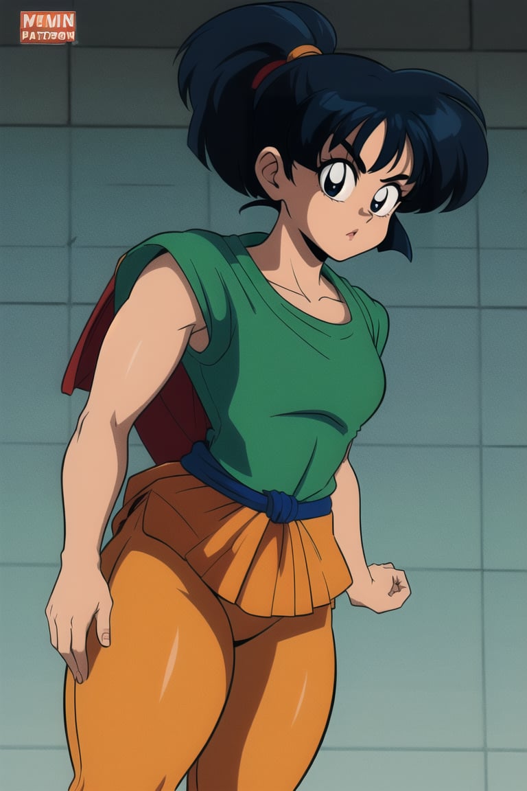 Solo_Female, ((Turtle Goku Gi Uniform)), ((Orange Skirt dress)), ((Black Short leggins Spandex)), curly bob curvy bang black hair, ponytail, black eyes, curvy_wide_hips hips, looking-at-viewer, character_sheet, Concert Art, masterpiece, best quality, detailed face, detailed, highres, 80s Anime Artstyle