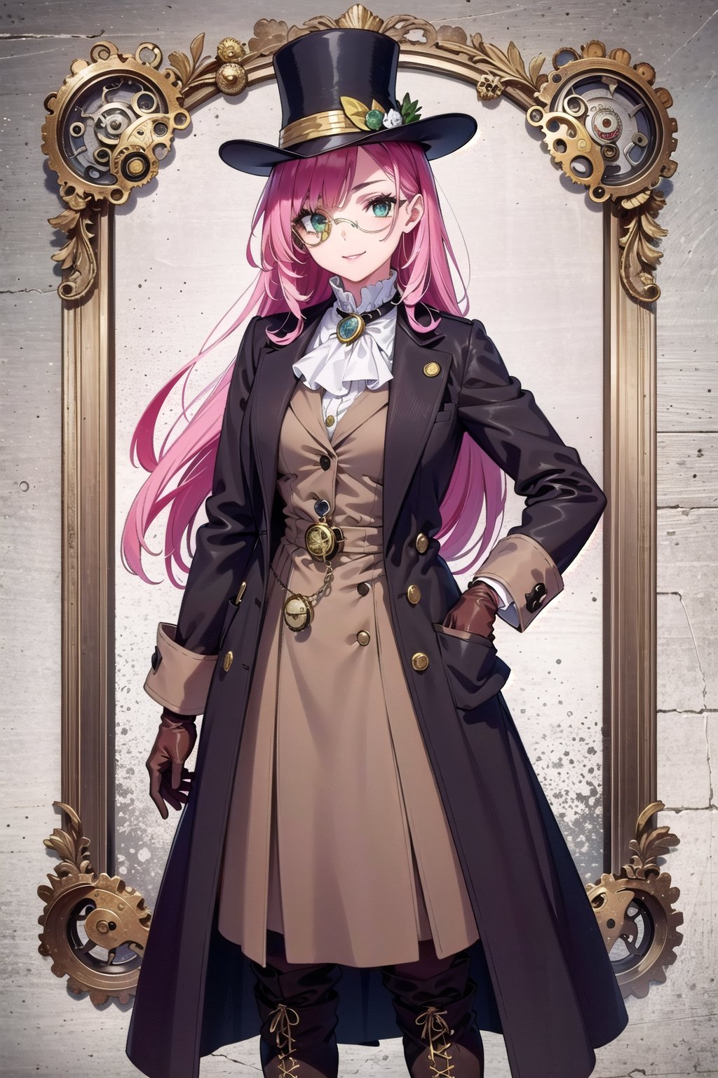 1girl, solo, long hair, pink hair, green eyes, looking at viewer, smile, white shirt, long sleeves, ascot, tweed vest, brown coat, long coat, high boots, gloves, top hat, monocle, pocket watch, Sherlock Holmes style, Victorian era attire