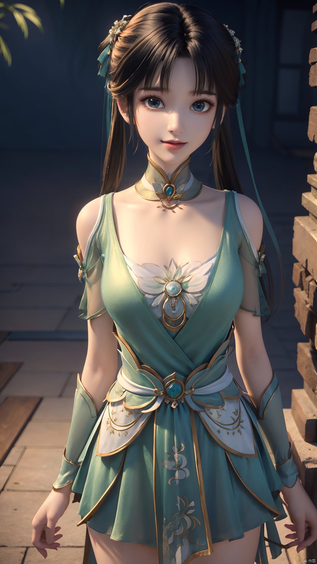  1girl, green dress, bare legs, twintails, solo, hair ornament, chinese clothes, mischevious smile, perfect body, scenery, sharp focus, best quality, masterpiece, detailed outfit, illustration, perfect eyes, finely detailed beautiful anime eyes, realistic skin, intricate details, best lighting, depth of field, ultra high resolution,cowboy_shot, dynamic pose, dynamic angle,