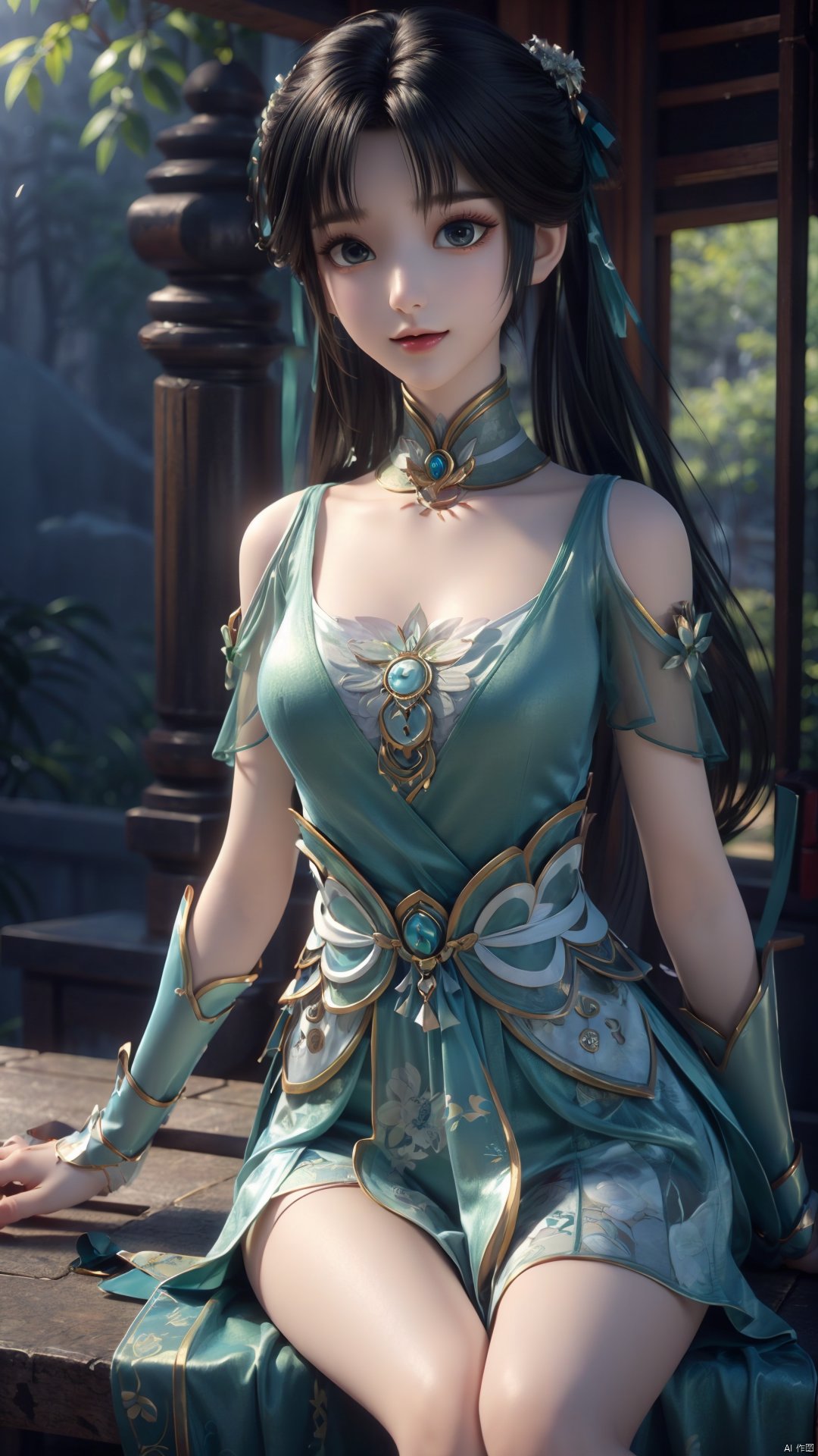  1girl, green dress, bare legs, twintails, solo, hair ornament, chinese clothes, mischevious smile, perfect body, scenery, sharp focus, best quality, masterpiece, detailed outfit, illustration, perfect eyes, finely detailed beautiful anime eyes, realistic skin, intricate details, best lighting, depth of field, ultra high resolution,cowboy_shot, dynamic pose, dynamic angle,