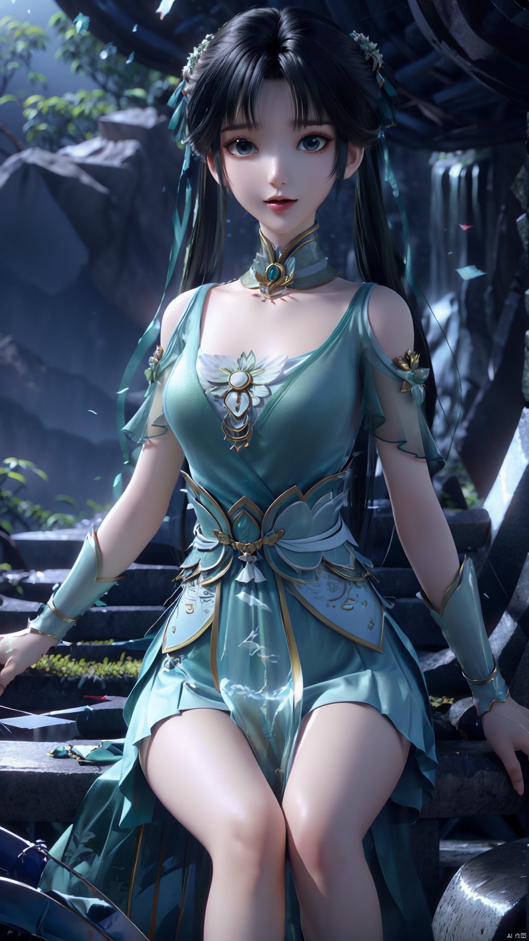  1girl, green dress, bare legs, twintails, solo, hair ornament, chinese clothes, mischevious smile, perfect body, scenery, sharp focus, best quality, masterpiece, detailed outfit, illustration, perfect eyes, finely detailed beautiful anime eyes, realistic skin, intricate details, best lighting, depth of field, ultra high resolution,cowboy_shot, dynamic pose, dynamic angle,