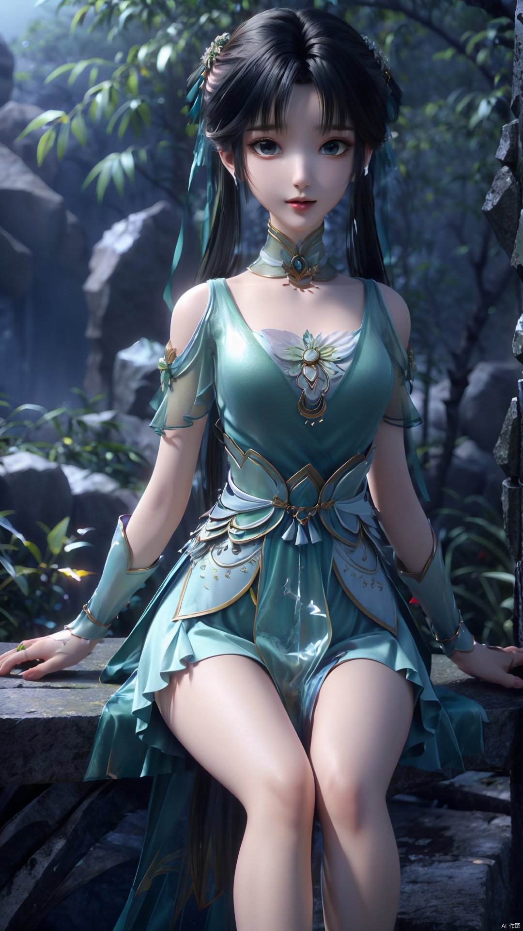  1girl, green dress, bare legs, twintails, solo, hair ornament, chinese clothes, mischevious smile, perfect body, scenery, sharp focus, best quality, masterpiece, detailed outfit, illustration, perfect eyes, finely detailed beautiful anime eyes, realistic skin, intricate details, best lighting, depth of field, ultra high resolution,cowboy_shot, dynamic pose, dynamic angle,