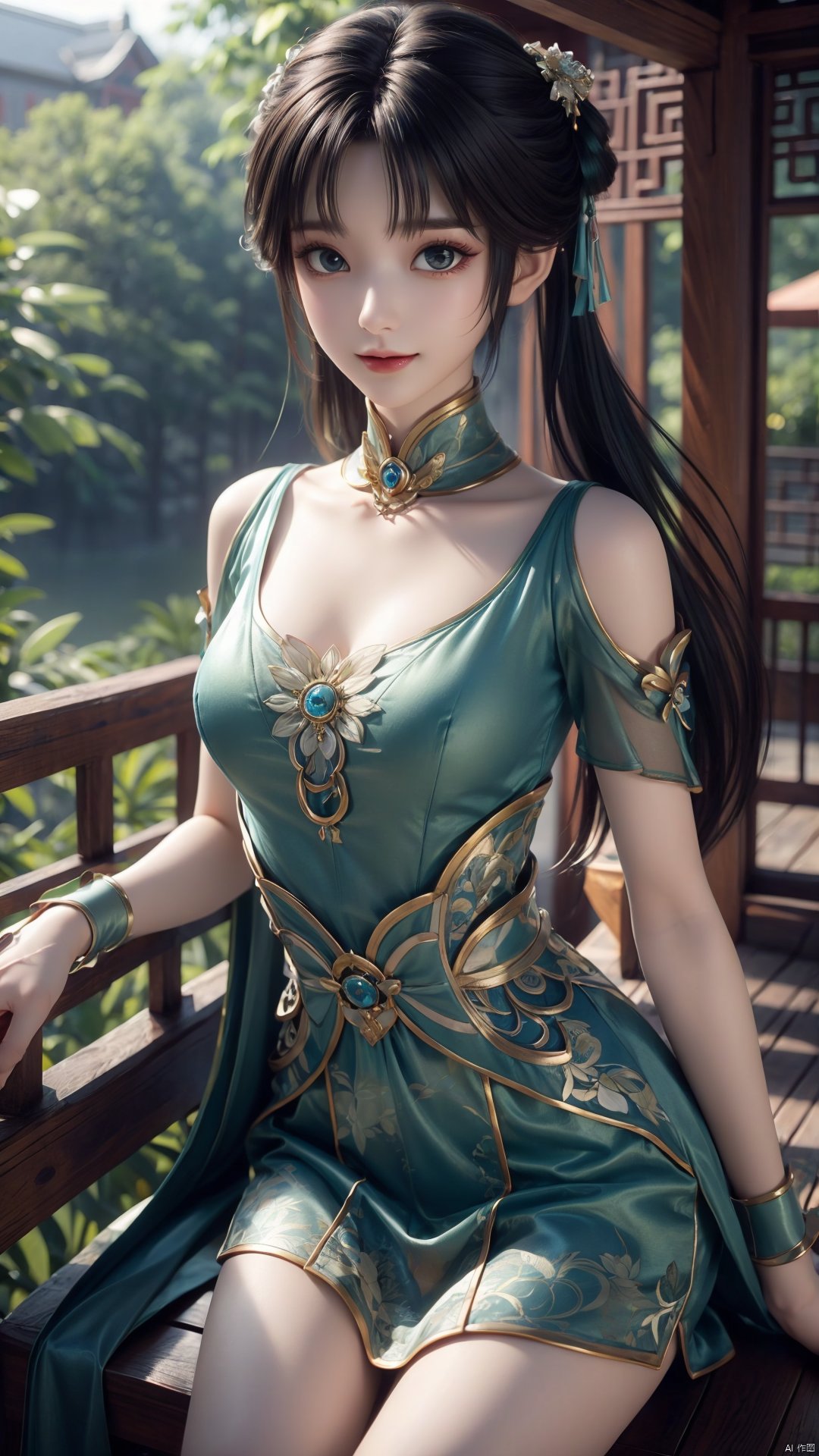  1girl, green dress, bare legs, twintails, solo, hair ornament, chinese clothes, mischevious smile, perfect body, scenery, sharp focus, best quality, masterpiece, detailed outfit, illustration, perfect eyes, finely detailed beautiful anime eyes, realistic skin, intricate details, best lighting, depth of field, ultra high resolution,cowboy_shot, dynamic pose, dynamic angle,