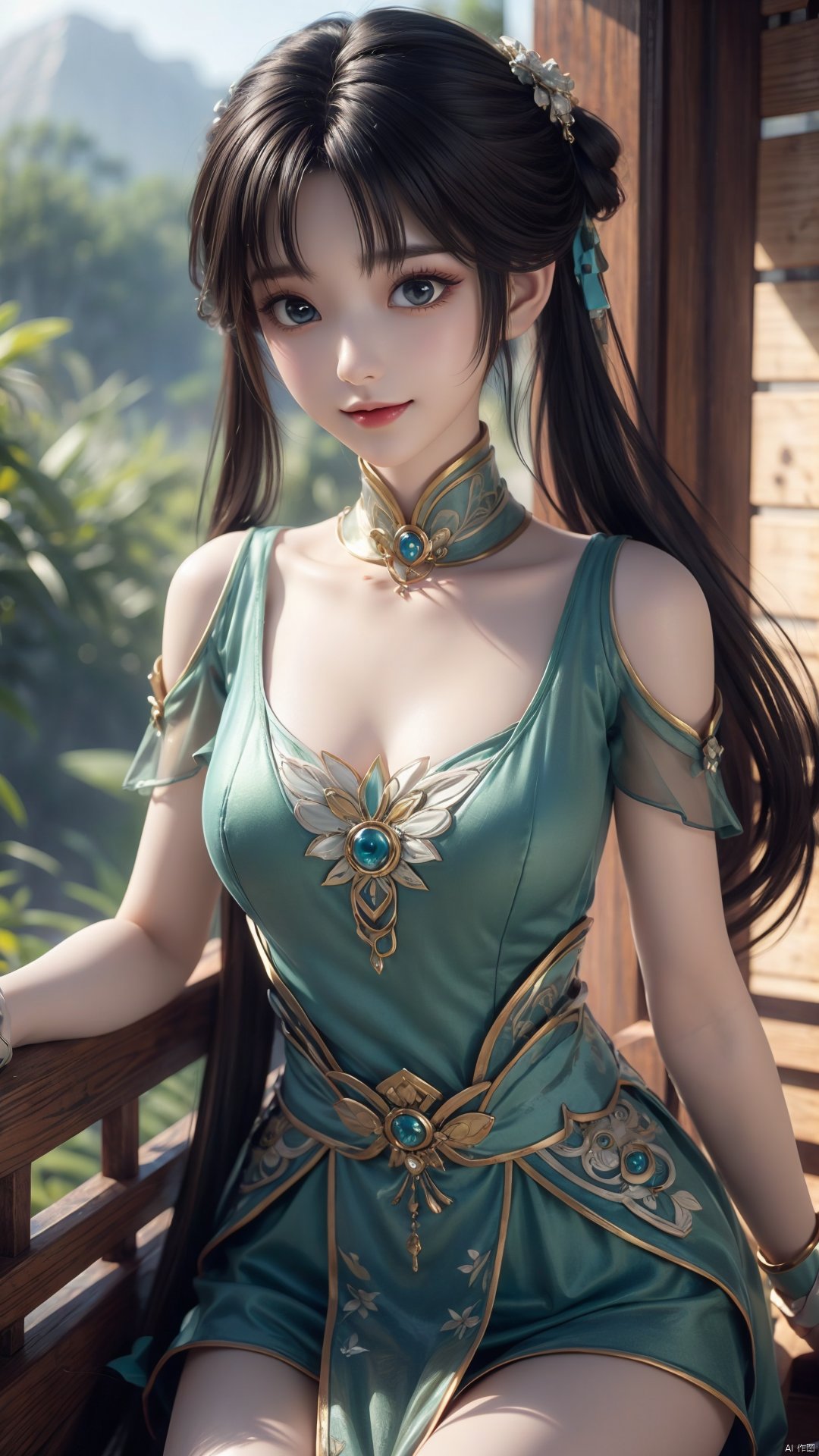  1girl, green dress, bare legs, twintails, solo, hair ornament, chinese clothes, mischevious smile, perfect body, scenery, sharp focus, best quality, masterpiece, detailed outfit, illustration, perfect eyes, finely detailed beautiful anime eyes, realistic skin, intricate details, best lighting, depth of field, ultra high resolution,cowboy_shot, dynamic pose, dynamic angle,