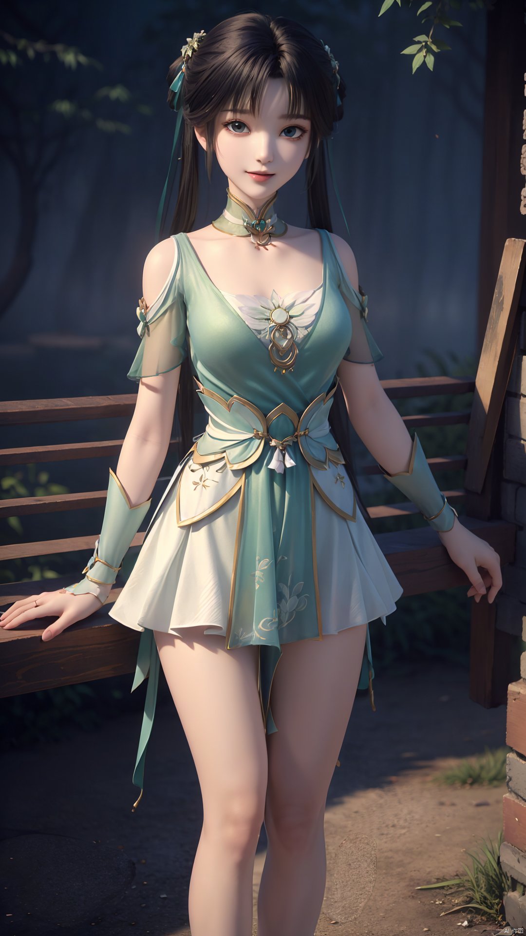  1girl, green dress, bare legs, twintails, solo, hair ornament, chinese clothes, mischevious smile, perfect body, scenery, sharp focus, best quality, masterpiece, detailed outfit, illustration, perfect eyes, finely detailed beautiful anime eyes, realistic skin, intricate details, best lighting, depth of field, ultra high resolution,cowboy_shot, dynamic pose, dynamic angle,