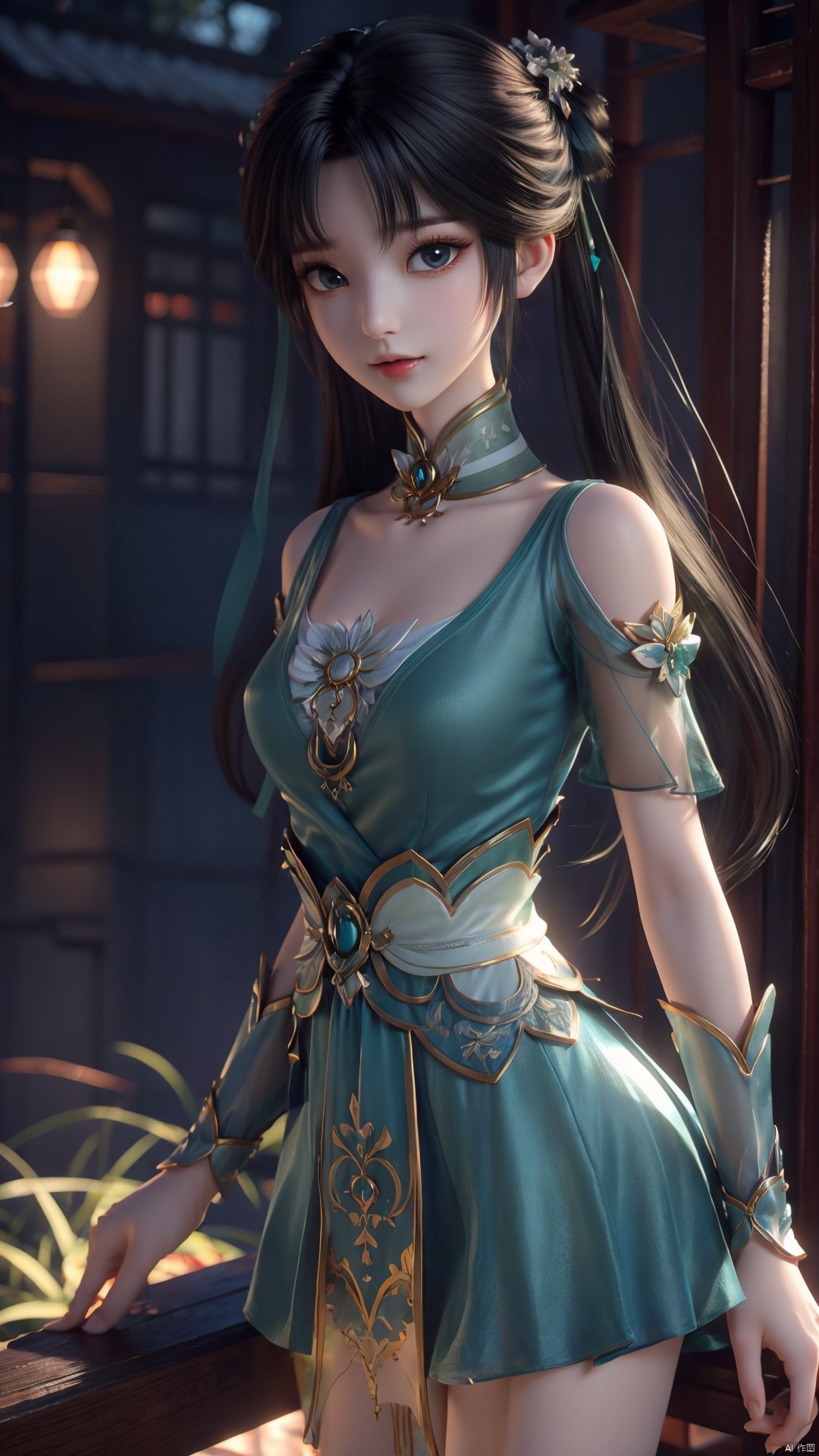  1girl, green dress, bare legs, twintails, solo, hair ornament, chinese clothes, mischevious smile, perfect body, scenery, sharp focus, best quality, masterpiece, detailed outfit, illustration, perfect eyes, finely detailed beautiful anime eyes, realistic skin, intricate details, best lighting, depth of field, ultra high resolution,cowboy_shot, dynamic pose, dynamic angle,