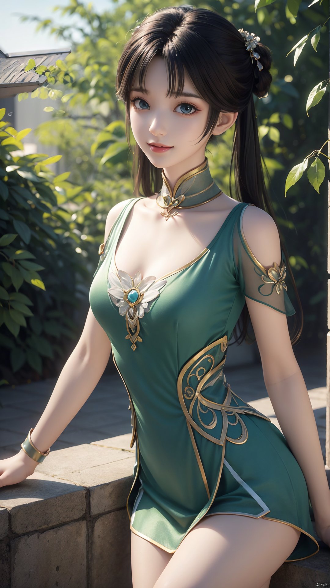  1girl, green dress, bare legs, twintails, solo, hair ornament, chinese clothes, mischevious smile, perfect body, scenery, sharp focus, best quality, masterpiece, detailed outfit, illustration, perfect eyes, finely detailed beautiful anime eyes, realistic skin, intricate details, best lighting, depth of field, ultra high resolution,cowboy_shot, dynamic pose, dynamic angle,