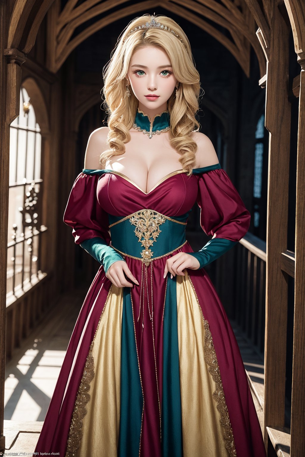 1 girl, beautiful 18 y.o. medieval girl, blonde hair:2, green eyes:1.4, long hair:2, photorealistic:1.4, big breasts:1.3, 16k, wearing historical dress:1.4, open-shoulder:1.4, posing inside a medieval castle, intricate:1.3, ardent:1.3, gentle:1.3, noble:2, royal:2, More Detail,Big bearsts,sophia