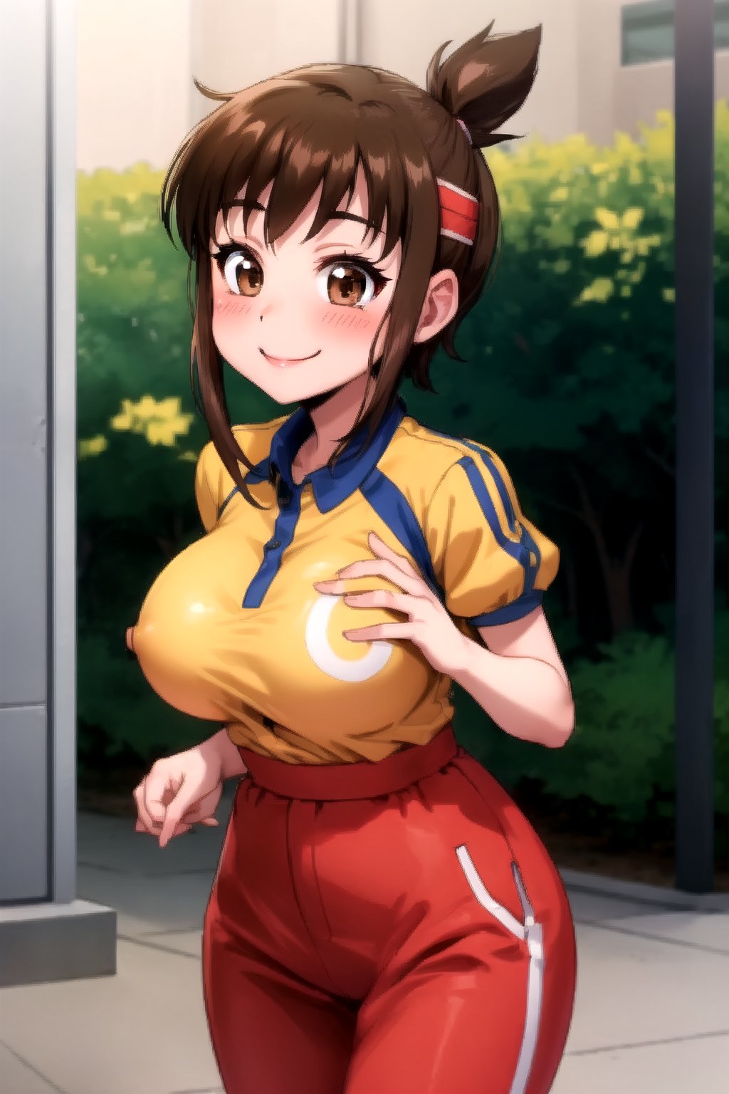 KizeM, cute, smile, , perfect breast, ,shortstack, blush, sexy pose, brown eyes,  short ponytail ,lacross outfit , park,Short hair, cute smile,