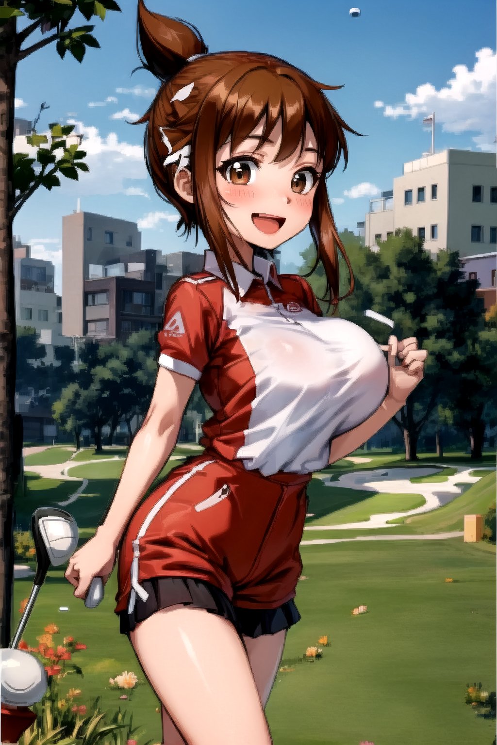 KizeM, cute, smile, , perfect breast, ,shortstack, blush, sexy pose, brown eyes,  short ponytail, ,wearing golf_outfit , park,Short hair, open mouth,