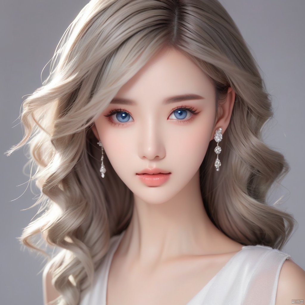 1girl, solo, long hair, looking at viewer, blue eyes, blonde hair, simple background, brown hair, dress, jewelry, upper body, earrings, parted lips, grey background, lips, grey eyes, wavy hair, realistic