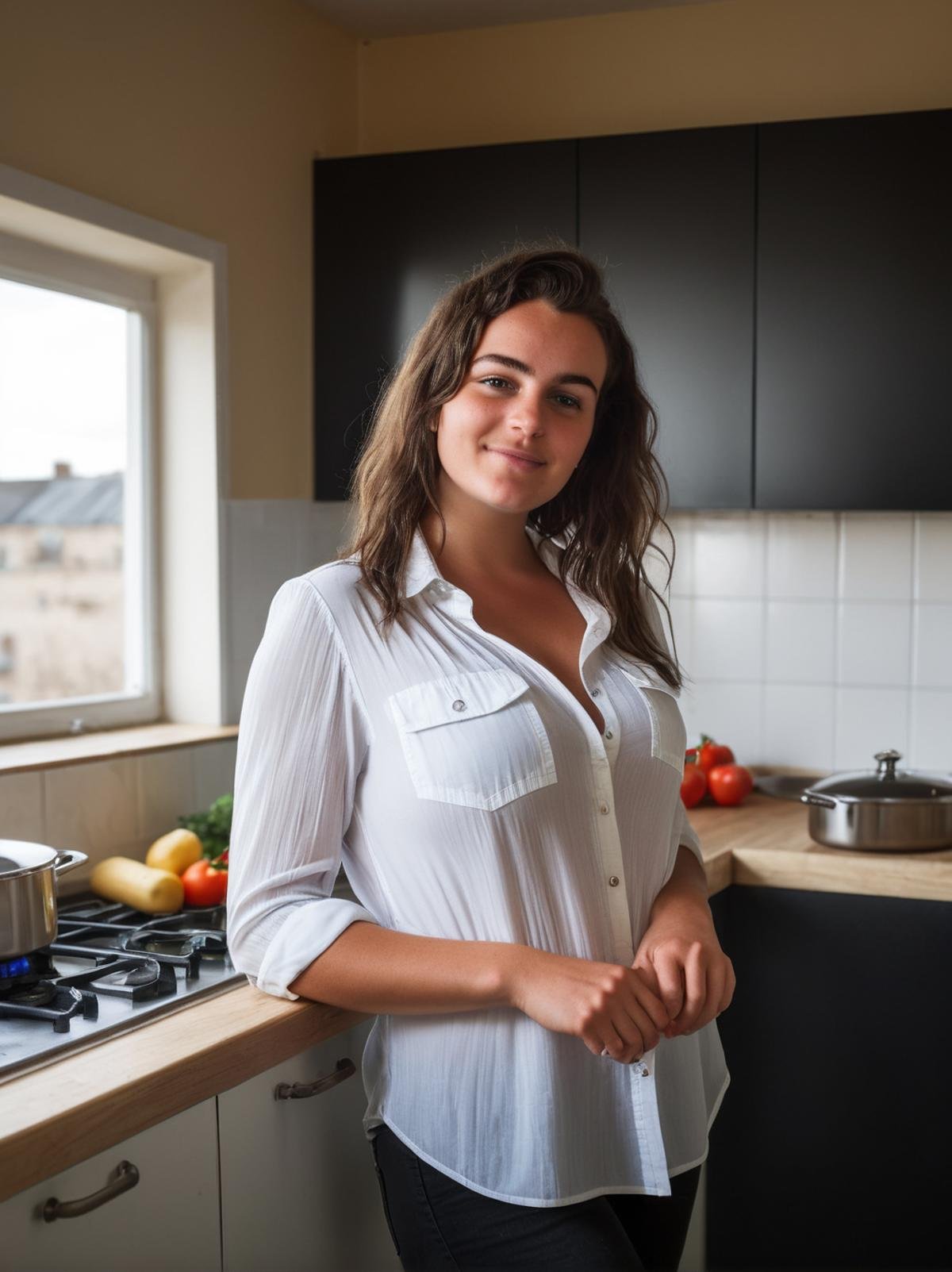 Professional photography, 24 yo girl, wearing open shirt, cooking at kitchen, smirking, dark straight hair, (curvy:0.8), short height, old apartment, cinematic light, dramatic sky, <lora:ordinary_woman_XL-000007>