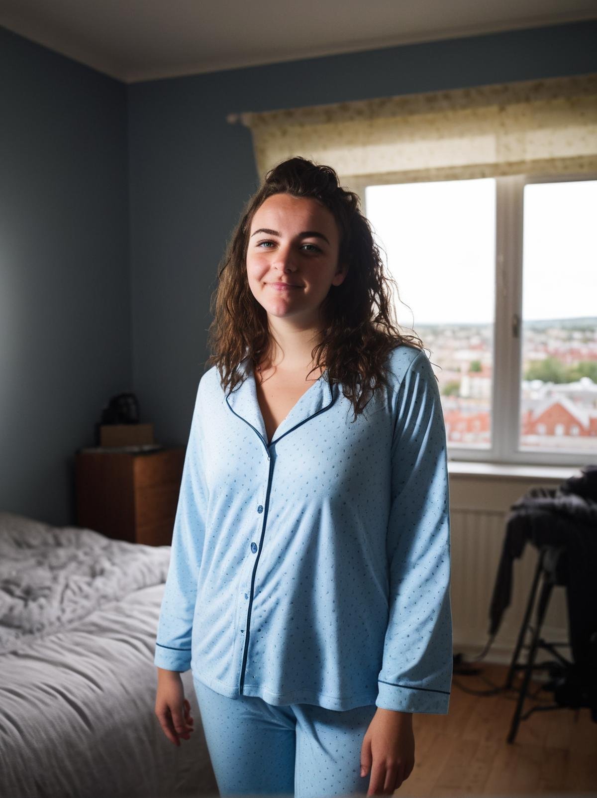 Professional photography, 24 yo girl, wearing pyjama, at messy bedroom, smirking, dark straight hair, (curvy:0.8), short height, old apartment, cinematic light, dramatic sky, <lora:ordinary_woman_XL-000007>