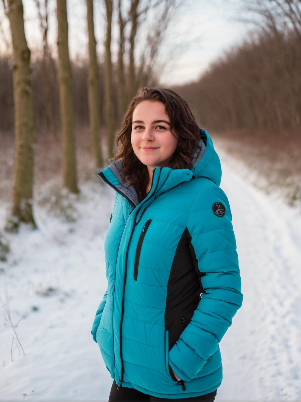 Professional photography, 24 yo girl, wearing winter jacket, at winter woods, smirking, dark straight hair, (curvy:0.8), short height, snow, cinematic light, dramatic sky, <lora:ordinary_woman_XL-000007>