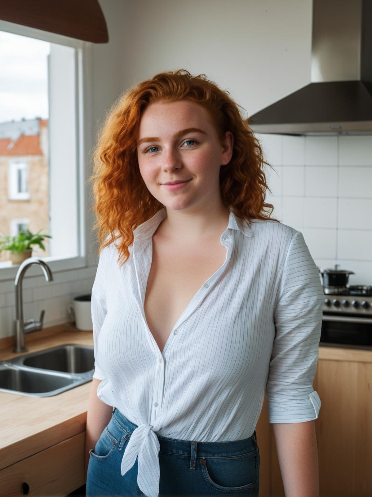 Professional photography, 24 yo girl, wearing open shirt, posing at kitchen, smirking, ginger hair, (curvy:0.8), short height, old apartment, cinematic light, dramatic sky, <lora:ordinary_woman_XL-000007>