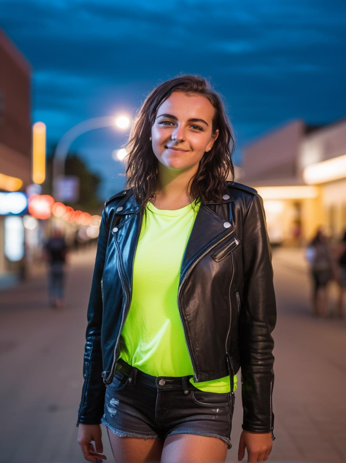 Professional photography, 24 yo girl, wearing leather jacket and jeans shorts, at night city street, smirking, dark straight hair, (curvy:0.7), (short height:1.1), neon lights, cinematic light, dramatic sky, <lora:ordinary_woman_XL-000007>