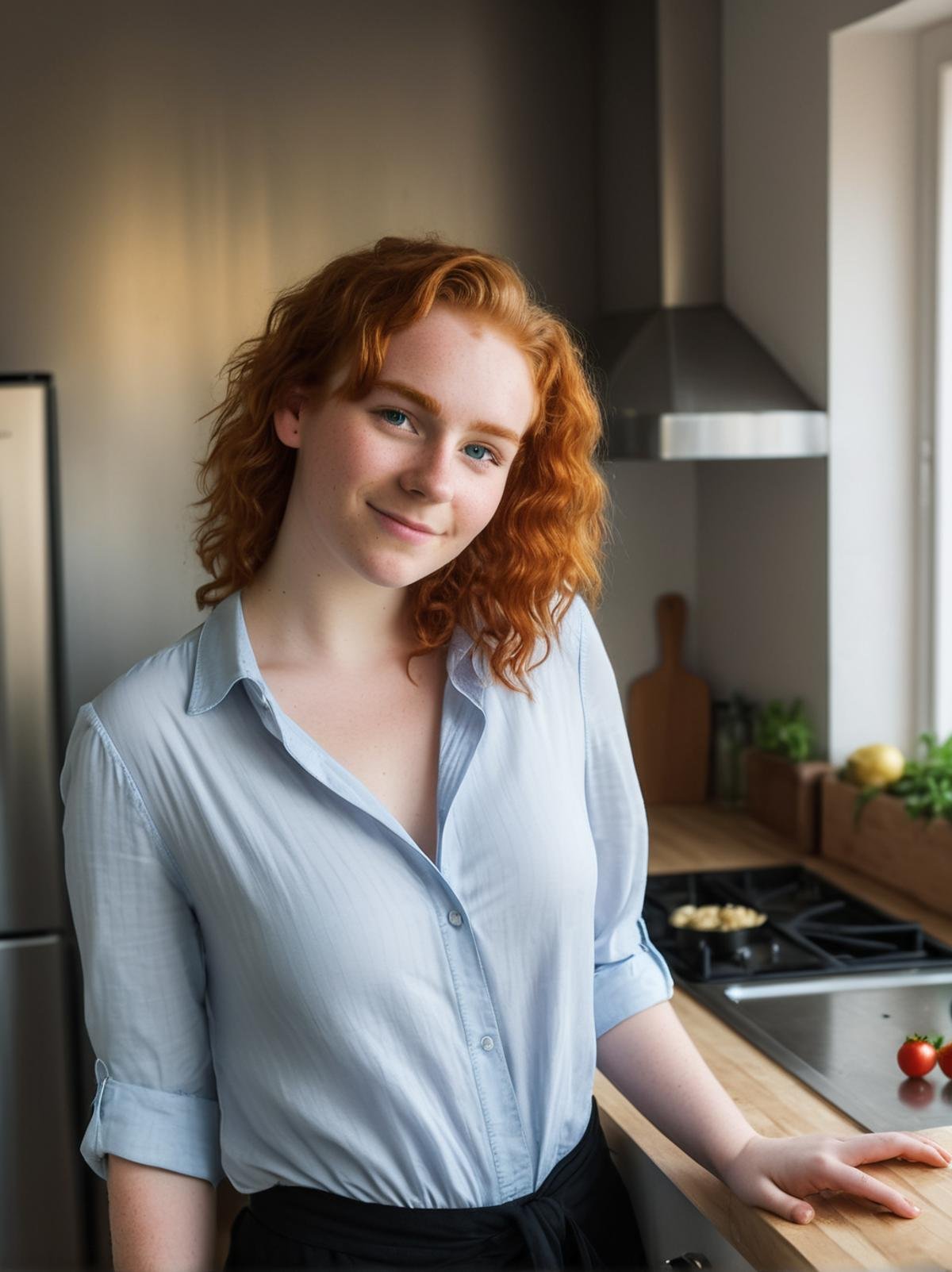 Professional photography, 24 yo girl, wearing open shirt, cooking at kitchen, smirking, ginger hair, (curvy:0.8), short height, old apartment, cinematic light, dramatic sky, <lora:ordinary_woman_XL-000007>