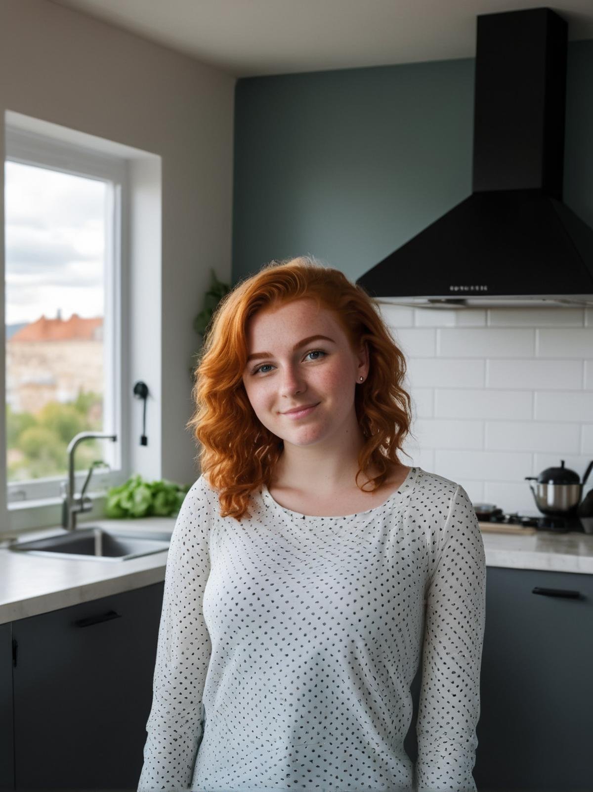 Professional photography, 24 yo girl, posing at kitchen, smirking, ginger hair, (curvy:0.8), short height, old apartment, cinematic light, dramatic sky, <lora:ordinary_woman_XL-000007>