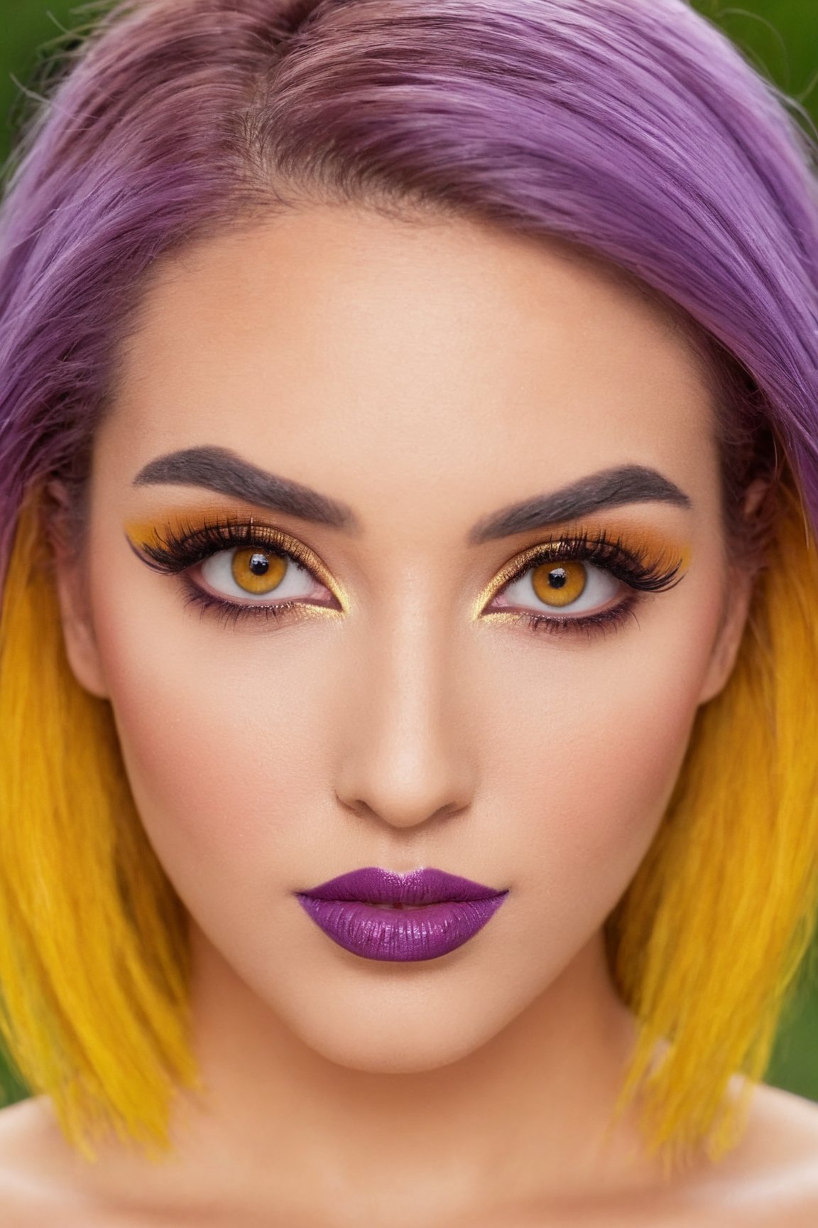 (best quality, 4k, 8k, highres, masterpiece:1.2), ultra-detailed, (realistic, photorealistic, photo-realistic:1.37),beautiful,woman,face makeup, looking at viewer,hair ornament,brown eyes,yellow eyes,purple hair,nude,parted lips,blurry,lips,eyelashes,makeup,blurry background,colored skin,leaf,portrait,realistic