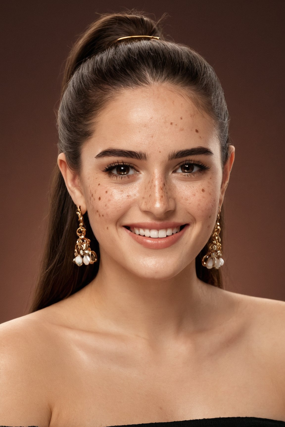 (best quality, 4k, 8k, highres, masterpiece:1.2), ultra-detailed, (realistic, photorealistic, photo-realistic:1.37),beautiful,woman,face makeup, long hair,looking at viewer,smile,brown hair,black hair,bare shoulders,brown eyes,jewelry,ponytail,earrings,lips,piercing,portrait,freckles,brown background,realistic