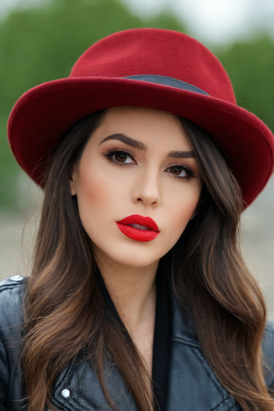 (best quality, 4k, 8k, highres, masterpiece:1.2), ultra-detailed, (realistic, photorealistic, photo-realistic:1.37),beautiful,woman,face makeup, long hair,looking at viewer,brown hair,black hair,hat,brown eyes,jacket,upper body,outdoors,blurry,lips,makeup,lipstick,realistic,red lips,leather jacket