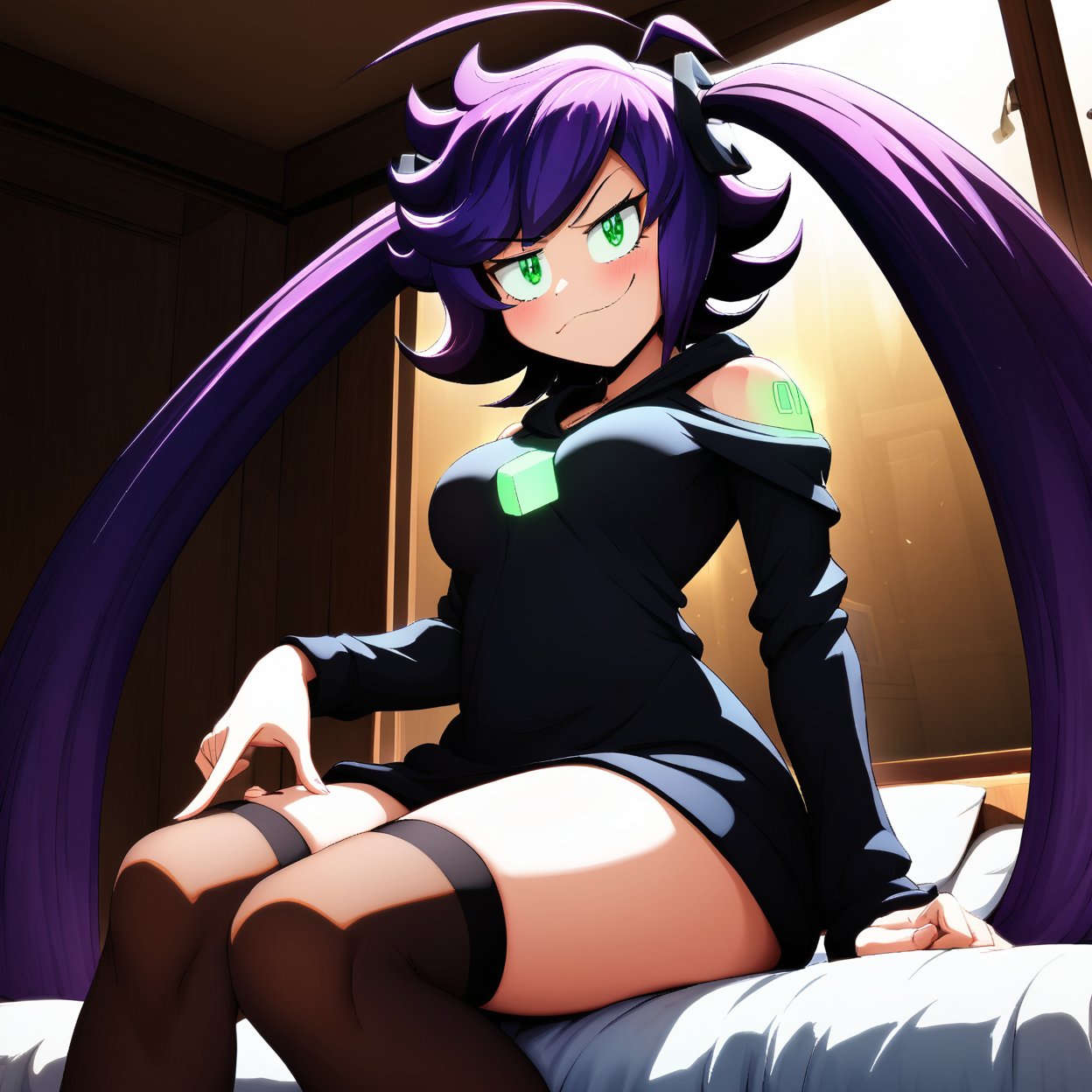 IC0n, 1girl, solo, short purple hair, ahoge, long twin tails, green eyes, black hoodie, glowing green cube on chest, glowing green tattoos on shoulder, open shoulders, black thighhighs, 
BREAK, 
perfect figure, perfect anatomy, anatomically_correct, correct hands, perfect hands, sitting on bed, (hand on thigh), smug, bedroom_eyes, looking at viewer, 
BREAK, 
indoors, bedrom, bed, window, furniture
BREAK, 
(cinematic lighting, dramatic lighting, ray tracing:1.2), cowboy shot, from below, 
BREAK, 
(masterpiece, epic, brutal, extremely detailed, ultra-detailed, best quality:1.2), (extremely detailed fine touch, colorful:1.2)