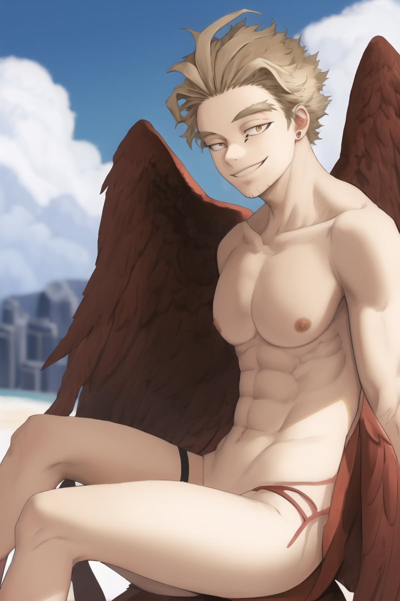 masterpiece,1boy,solo,male focus,hawks,nipples,smile,wings,sitting