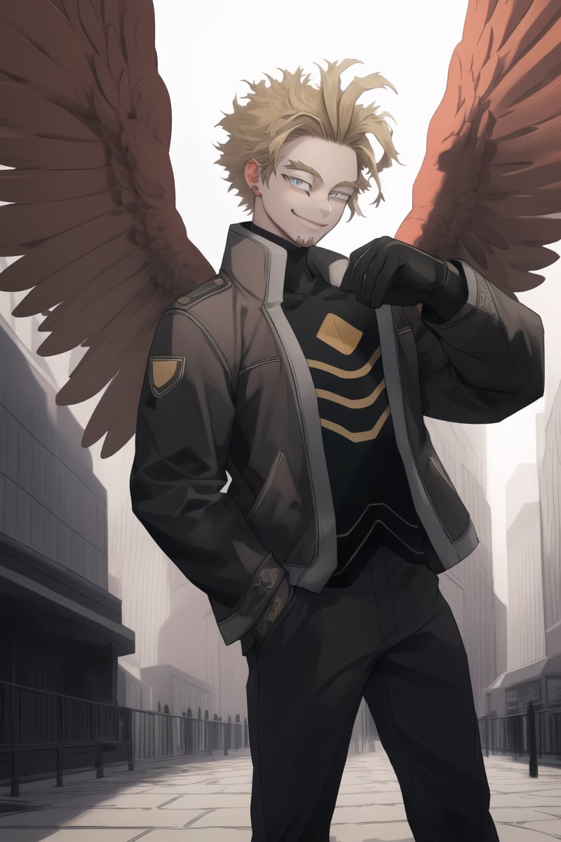 (masterpiece,highly detailed male,highres,highly detailed eyes:1.2),1boy,solo,male focus,hawks,smile,wings,standing,pants,city background,looking at the camera,perfect hand
