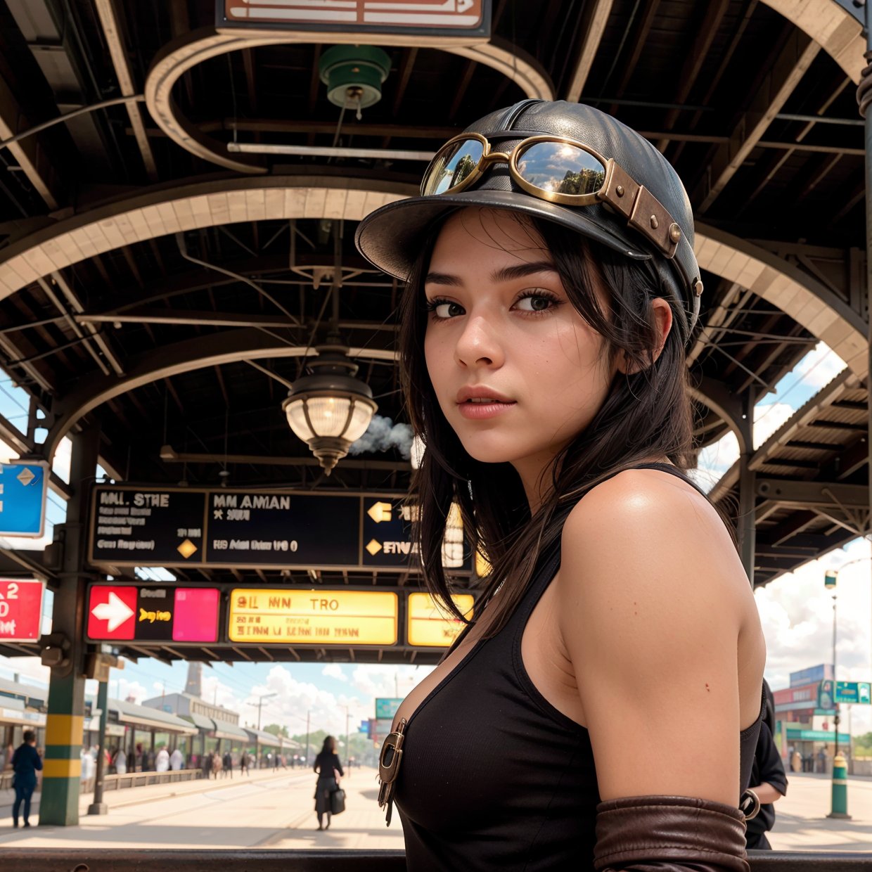 1 girl, aviator hat , solo, steam punk, train station, , steam, smoke, masterpiece, highly detailed,HDR,8k resolution, best quality,