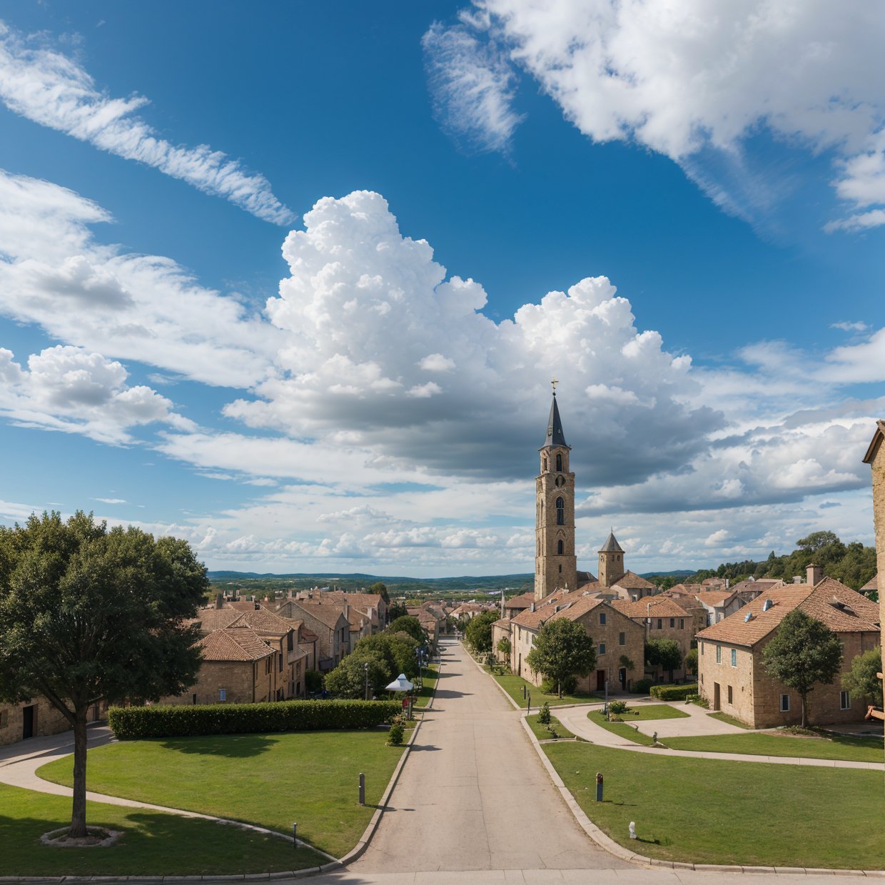 ((masterpiece)),((best quality)),((high detail)),((realistic,)) ((ultra detailed)) landscape of a small medieval town, cartoonist illustration, aeria view, beautiful sky, deformed clouds, 1.3:pine trees, towers.