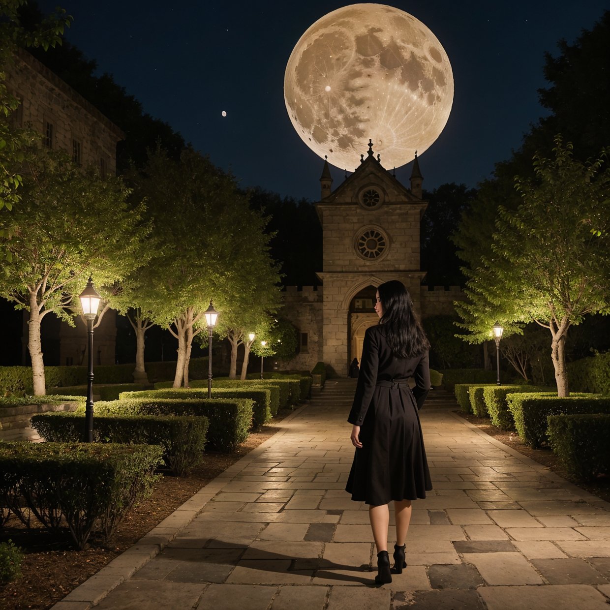 A girl with black hair walking in the castle garden on full moon night